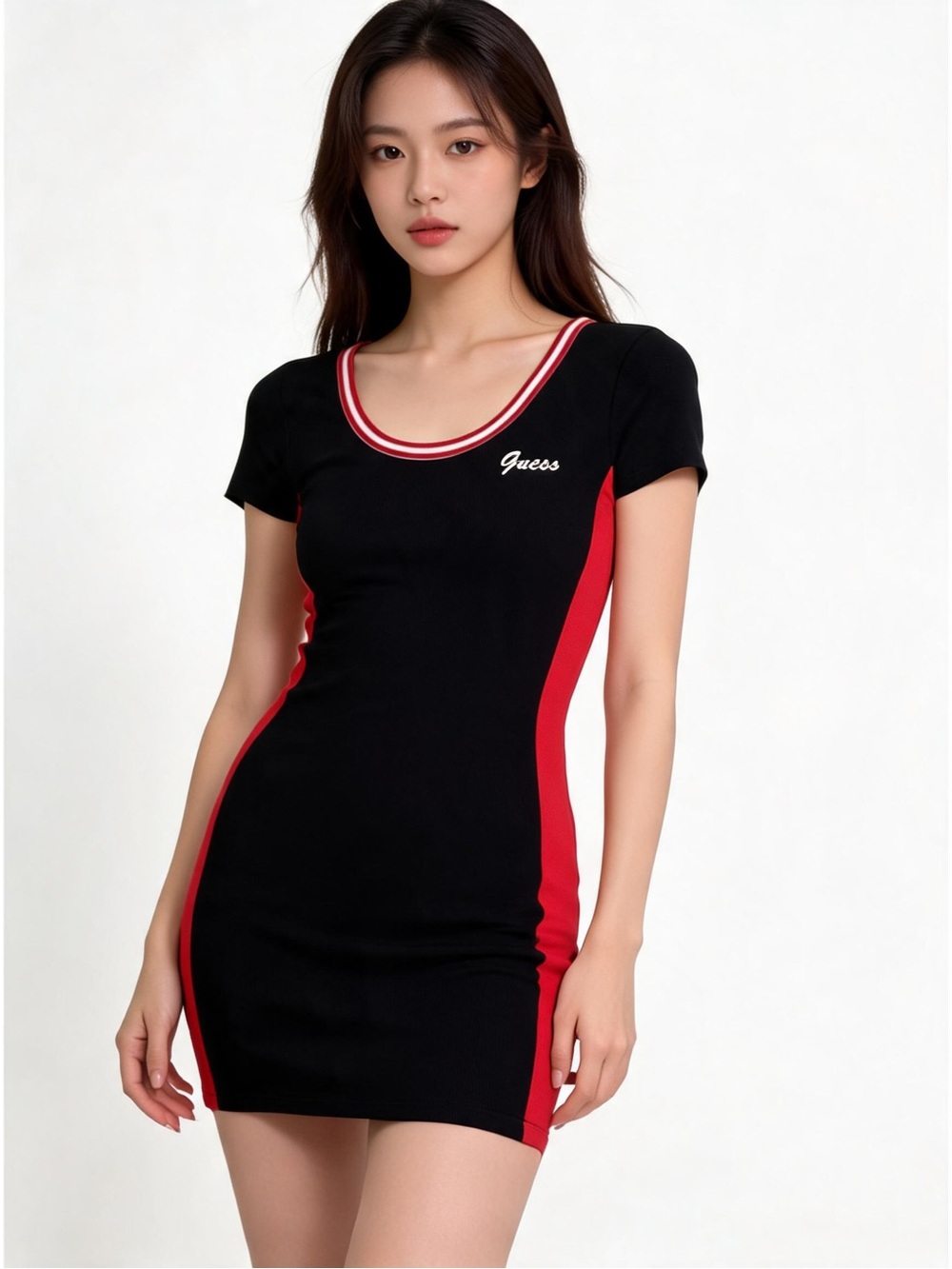 ✨Rare Like New Guess Colorblock Script Logo Scoop Neck Mini Dress L Black Red Y2